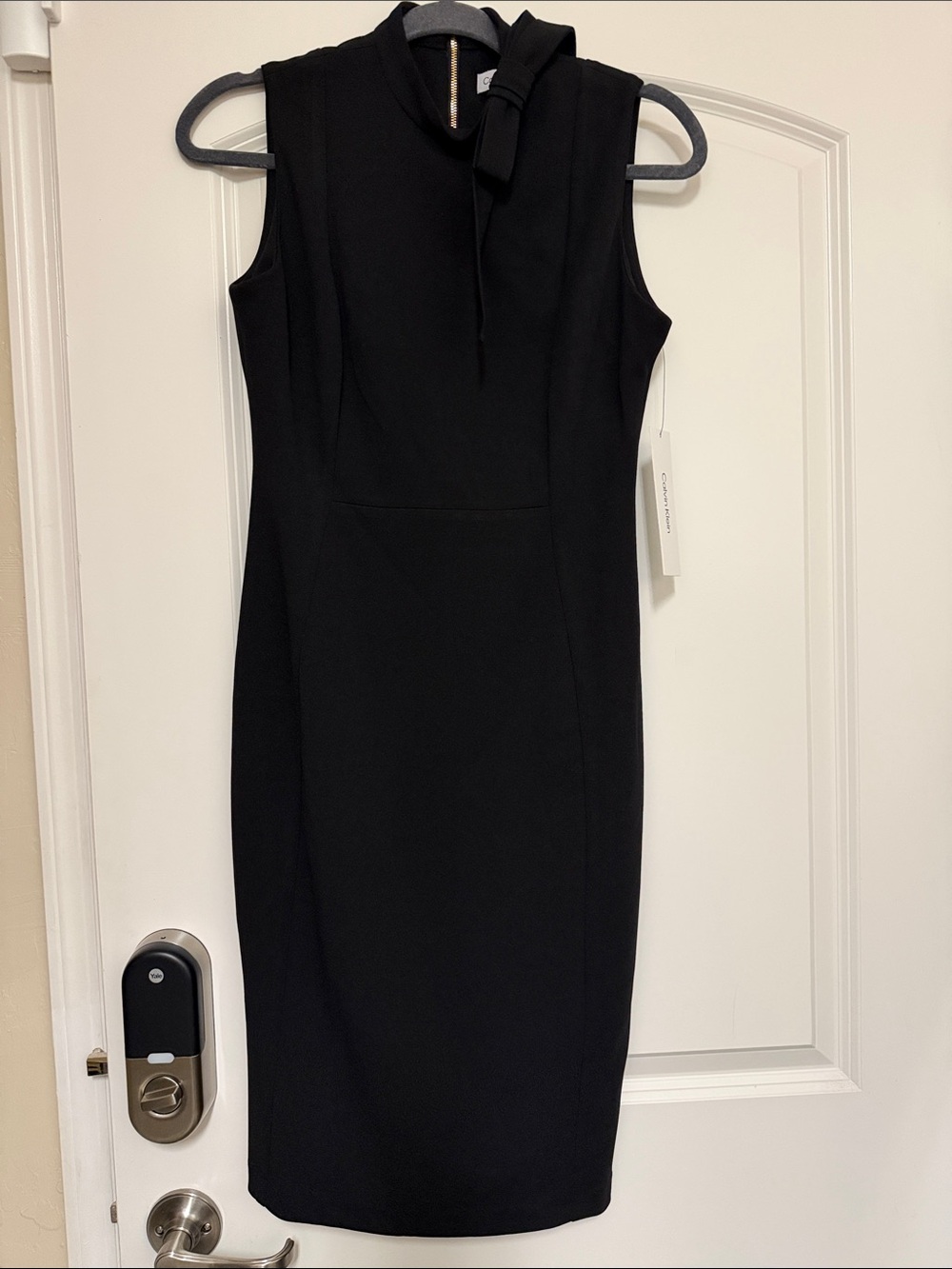 Calvin Klein Black Sleeveless Midi Sheath Dress with Neck Tie